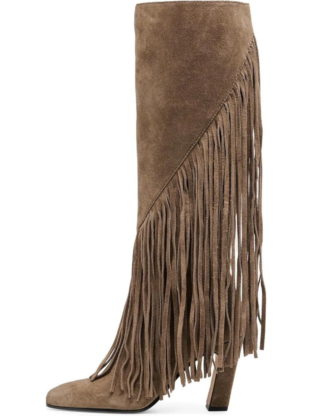 Women's Taupe Faux Suede Square Toe  Full Zipper Chunky Heels Knee High Boots
